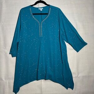 Catherines Plus Size 0X Teal Embellished V Neck Tunic Top Asymmetrical Hem